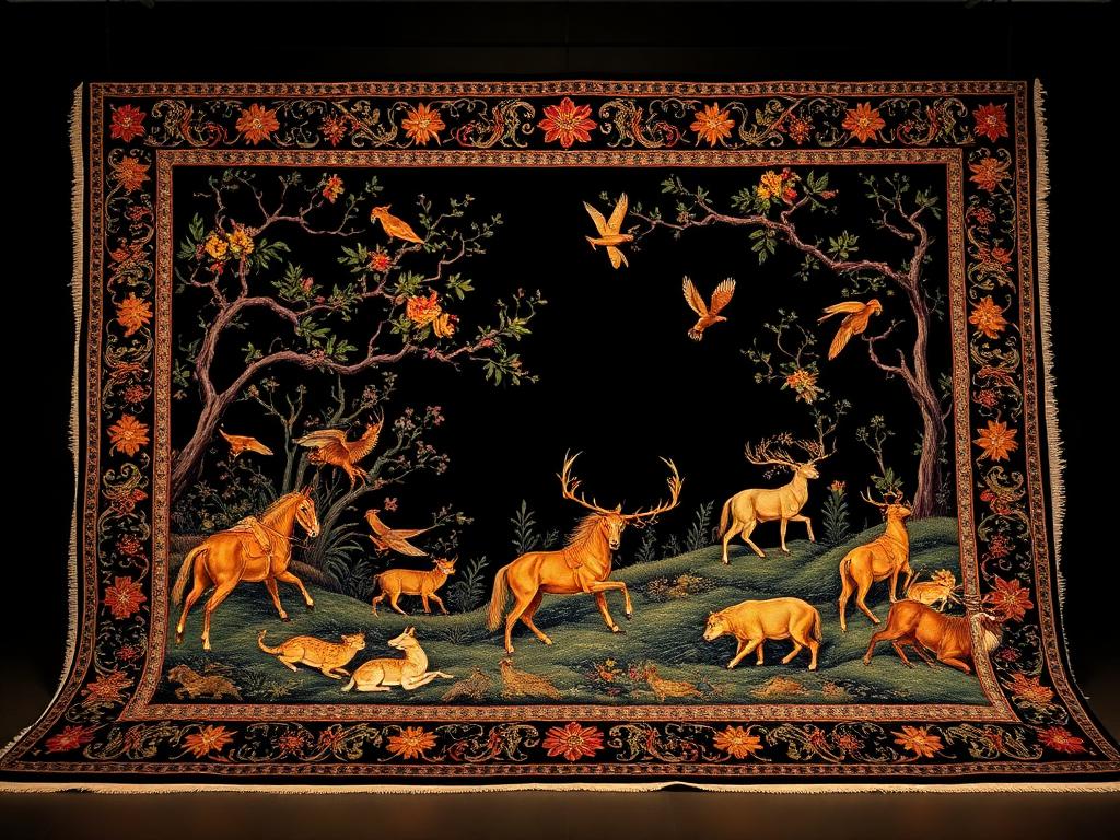 Kerman-Bildteppich, Jagdszene mit exotischer Fauna